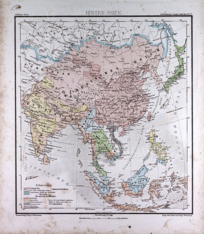 Asia, atlas by Th. von Liechtenstern and Henry Lange, antique map 1869