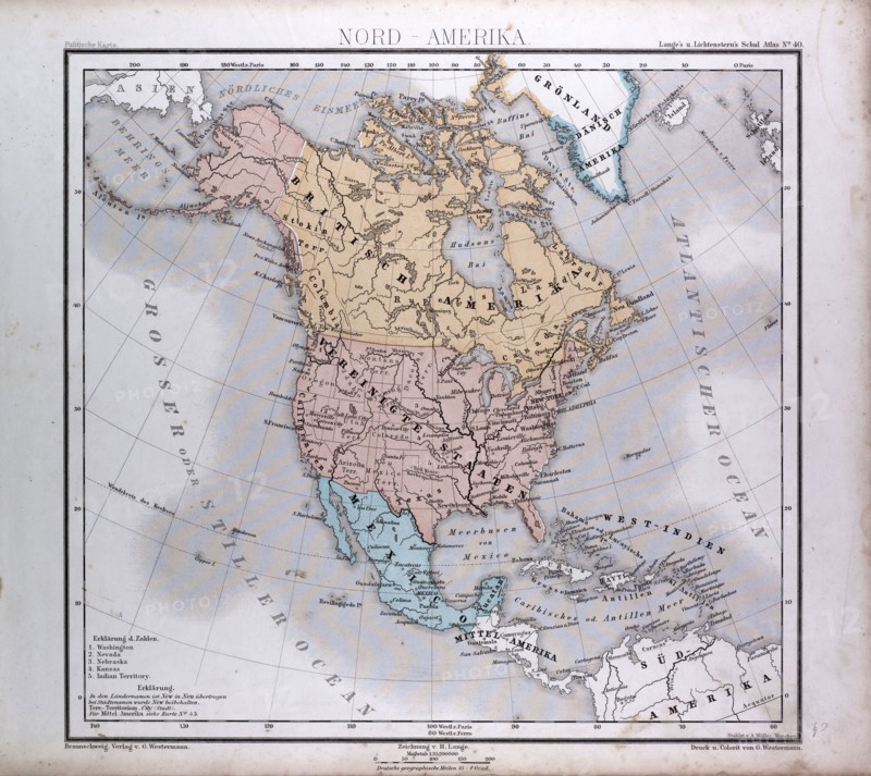 North America Map, atlas by Th. von Liechtenstern and Henry Lange, antique map 1869