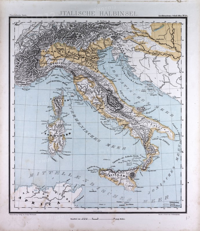 Italy, atlas by Th. von Liechtenstern and Henry Lange, antique map 1869