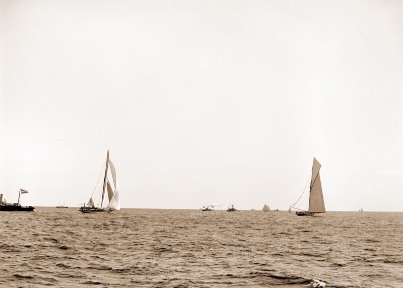 Columbia setting spinnaker and Shamrock, after start, Columbia (Sloop), Shamrock I (Yacht), America's Cup races, Yachts, Regattas, 1899