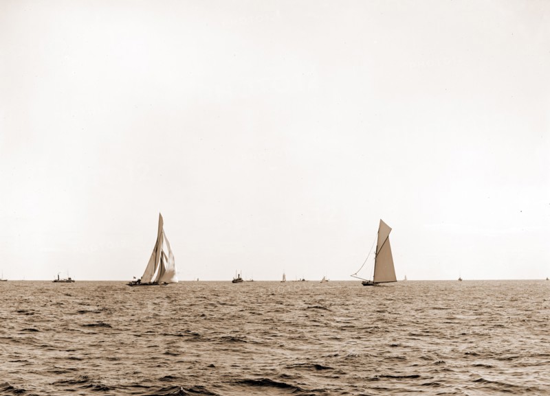 Columbia and Shamrock after the start, Columbia (Sloop), Shamrock I (Yacht), America's Cup races, Yachts, Regattas, 1899