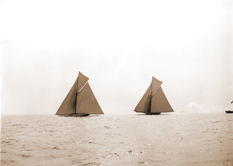 Columbia and Shamrock I after the start, Columbia (Sloop), Shamrock I (Yacht), America's Cup races, Regattas, Yachts, 1899