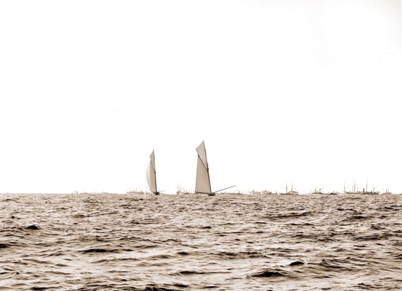 Columbia and Shamrock I, luffing into the excursion fleet, Columbia (Sloop), Shamrock I (Yacht), America's Cup races, Regattas, Yachts, 1899