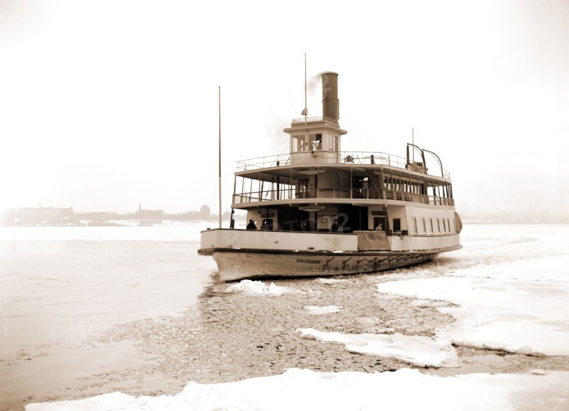 Detroit River ferry boat in ice, Excelsior (Ferry boat), Ice, Ferries, Rivers, United States, Michigan, Detroit River, 1880