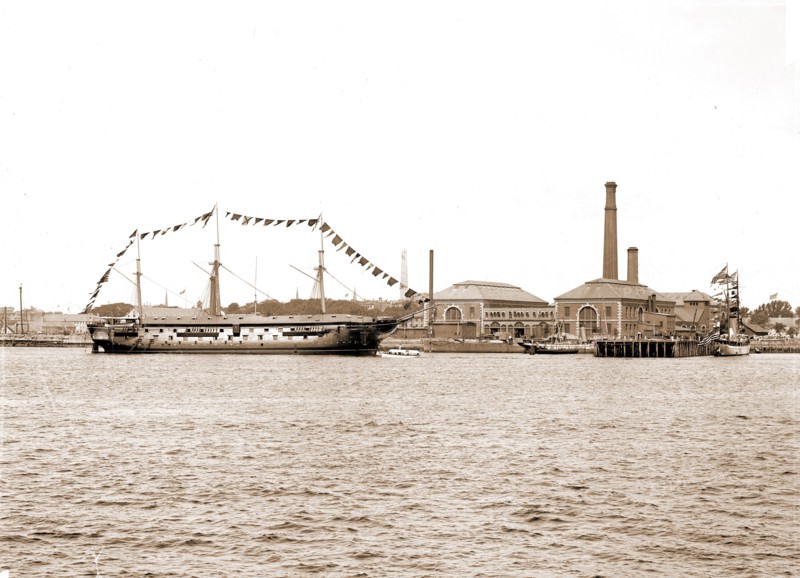 Receiving ship Wabash, Charlestown Navy Yard, Wabash (Ship), Government vessels, American, Naval yards & naval stations, United States, Massachusetts, Charlestown Navy Yard, United States, Massachusetts, Boston, 1900
