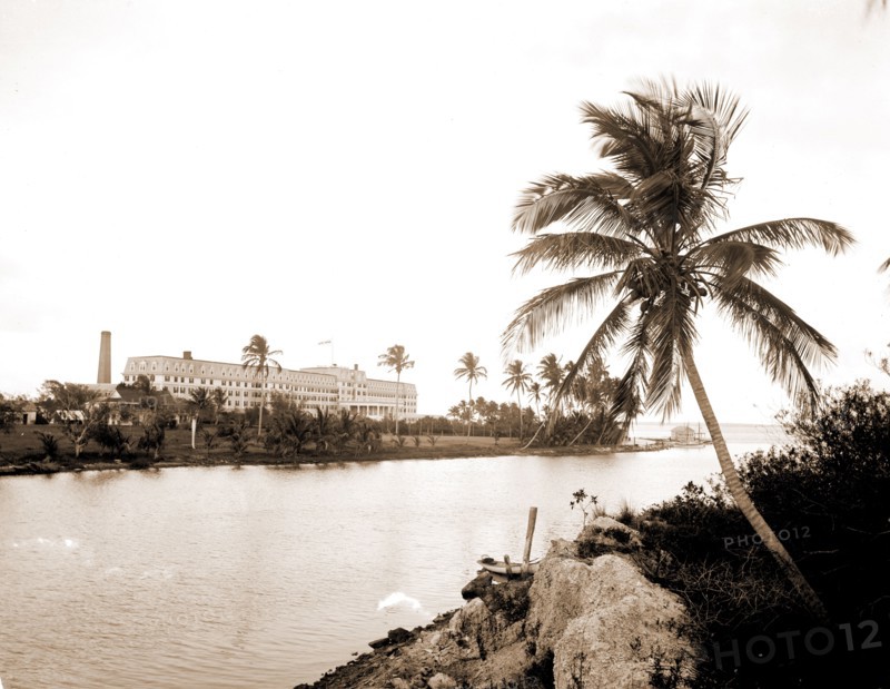 Royal Palm Hotel from Miami River, Hotels, Resorts, Rivers, United States, Florida, Miami, United States, Florida, Miami River, 1880