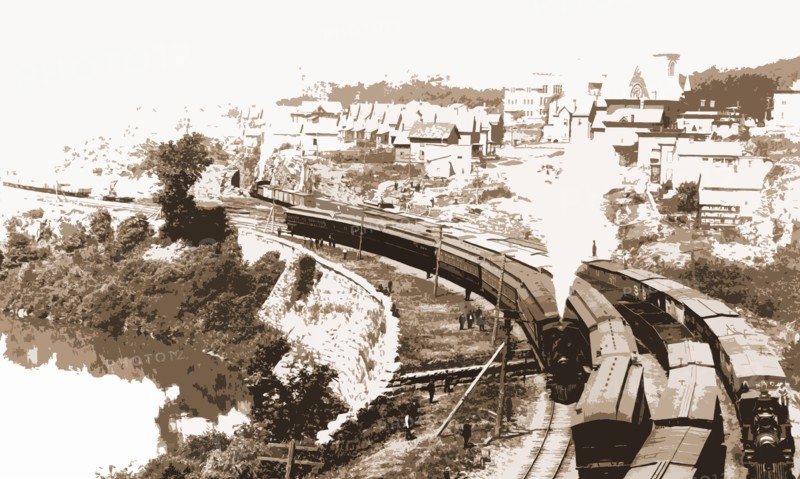 N.Y.C.R.R. New York Central Railroad at Little Falls, Mohawk Valley, N.Y, Jackson, William Henry, 1843-1942, Railroads, Rivers, Valleys, United States, New York (State), Mohawk River, United States, New York (State), Little Falls, 1880