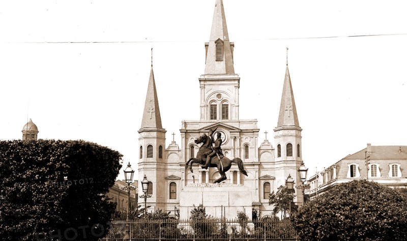 The Jackson Monument and St. Louis Cathedral, Jackson, William Henry, 1843-1942, Jackson, Andrew, 1767-1845, Statues, Cathedrals, Plazas, Sculpture, United States, Louisiana, New Orleans, 1880