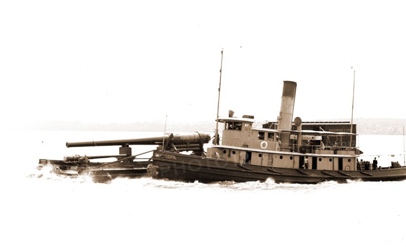 Tugboat with barge carrying cannon, Tugboats, Barges, Cannons, Rivers, 1880