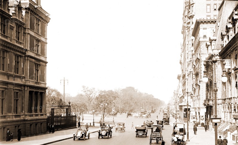 Fifth Avenue at Fifty-seventh Street, north to Central Park, New York City, Parks, Streets, United States, New York (State), New York, 1900