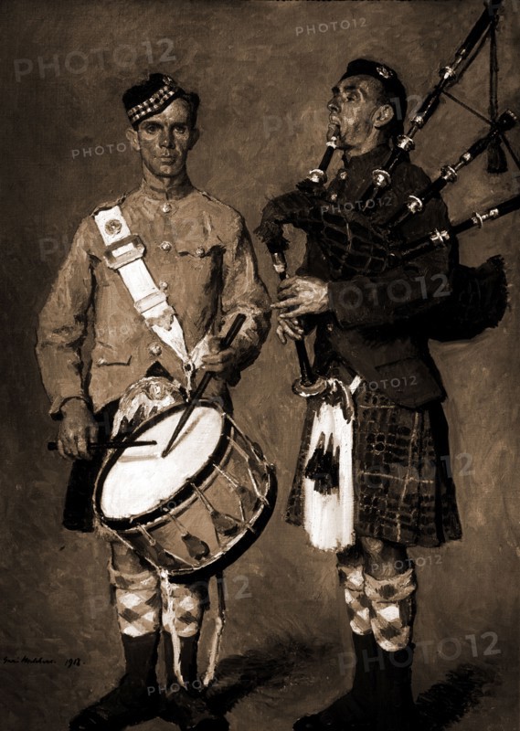 Drummer and bagpipe player in Scottish uniform, Melchers, Gari, 1860-1932, Bagpipes, Drums, Soldiers, Scottish, 1918