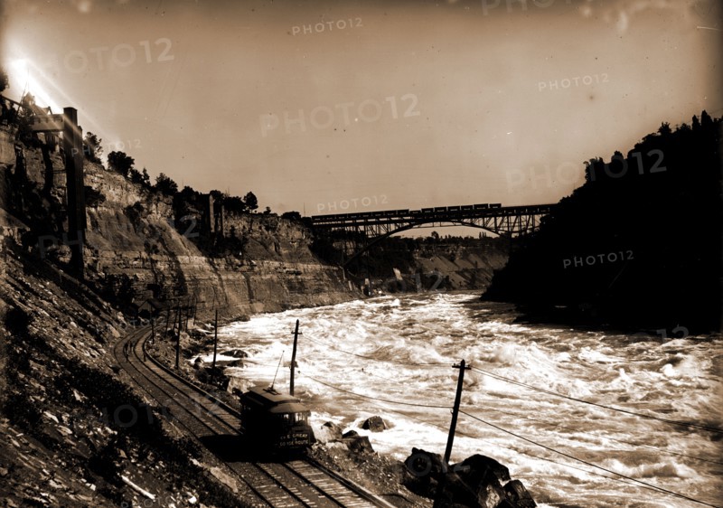 Niagara Gorge with Michigan Central Cantilever Bridge and Whirlpool Rapids Bridge, New York, Rivers, Railroad bridges, Electric railroads, United States, New York (State), Niagara River, Canada, Ontario, Niagara River, 1880
