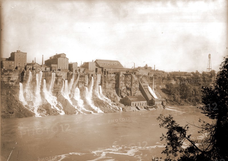 Factories, The, Industrial facilities, Rivers, United States, New York (State), Niagara River, Canada, Ontario, Niagara River, Canada, Ontario, Queenston, 1880