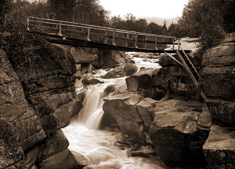 Upper falls of the Ammonoosuc, White Mountains, Pedestrian bridges, Waterfalls, Mountains, Rivers, United States, New Hampshire, Ammonoosuc River, United States, New Hampshire, White Mountains, 1900