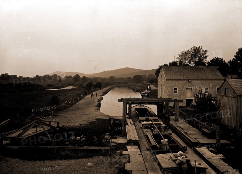 Morris and Essex Canal at Waterloo, N.J, Canals, Barges, United States, New Jersey, Waterloo, United States, New Jersey, Morris Canal, 1900