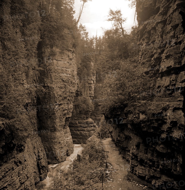 Column Rocks from below, Ausable Chasm, N.Y, Rock formations, Canyons, United States, New York (State), Ausable Chasm, 1900