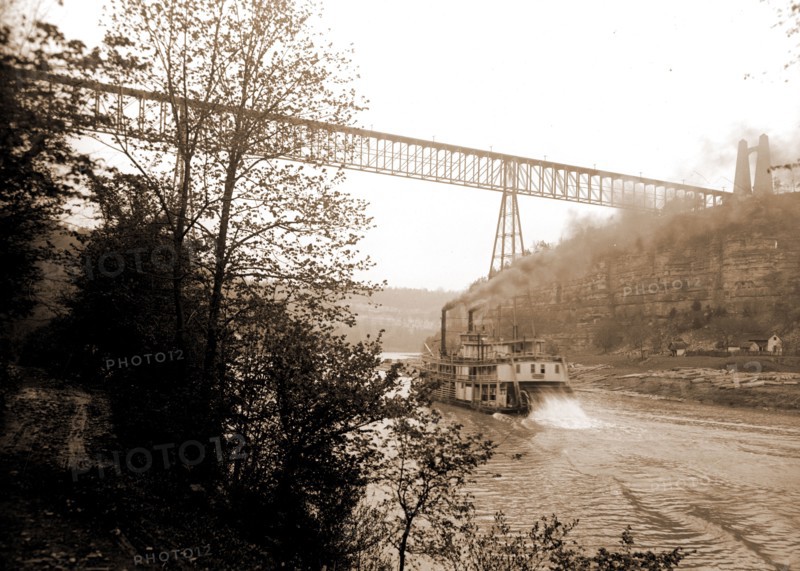 Str. Falls City passing High Bridge, Ky, Falls City (Stern wheeler), Stern wheelers, Railroad bridges, Rivers, United States, Kentucky, High Bridge, United States, Kentucky, Kentucky River, 1907