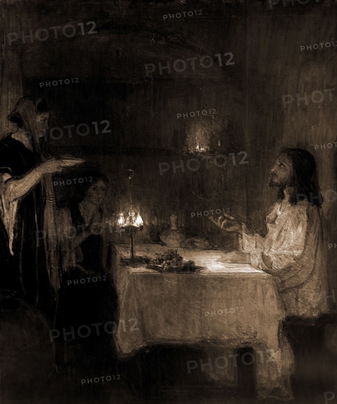 Christ in the home of Mary and Martha, Tanner, Henry Ossawa, 1859-1937, Jesus Christ, Mary, of Bethany, Saint, Martha, Saint, Interiors, Dwellings, Biblical events, 1900