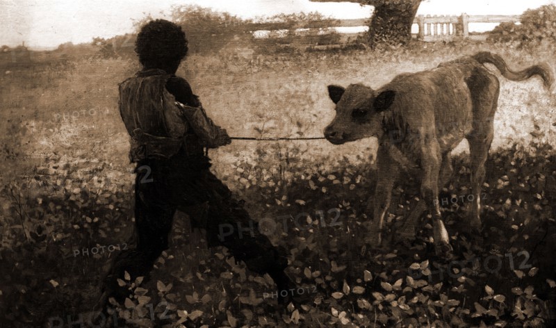 The unruly calf, Homer, Winslow, 1836-1910, African Americans, Children, Children & animals, Cattle, 1900
