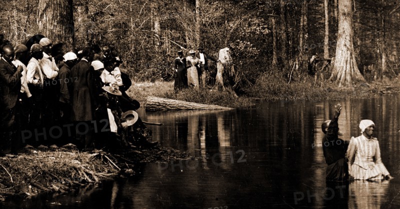 A Southern baptism, African Americans, Spiritual life, Waterfronts, Baptisms, United States, South Carolina, Aiken, 1900