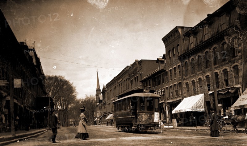 Main St, looking south, Brattleboro, Vt, Streets, Street railroads, Commercial facilities, United States, Vermont, Brattleboro, 1907