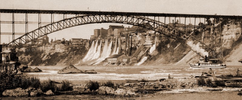 Niagara, mills and Grand Trunk i.e. Upper Steel Arch Bridge, Railroad bridges, Rivers, Industrial facilities, United States, New York (State), Niagara River, Canada, Ontario, Niagara River, United States, New York (State), Niagara Falls (City), 1900