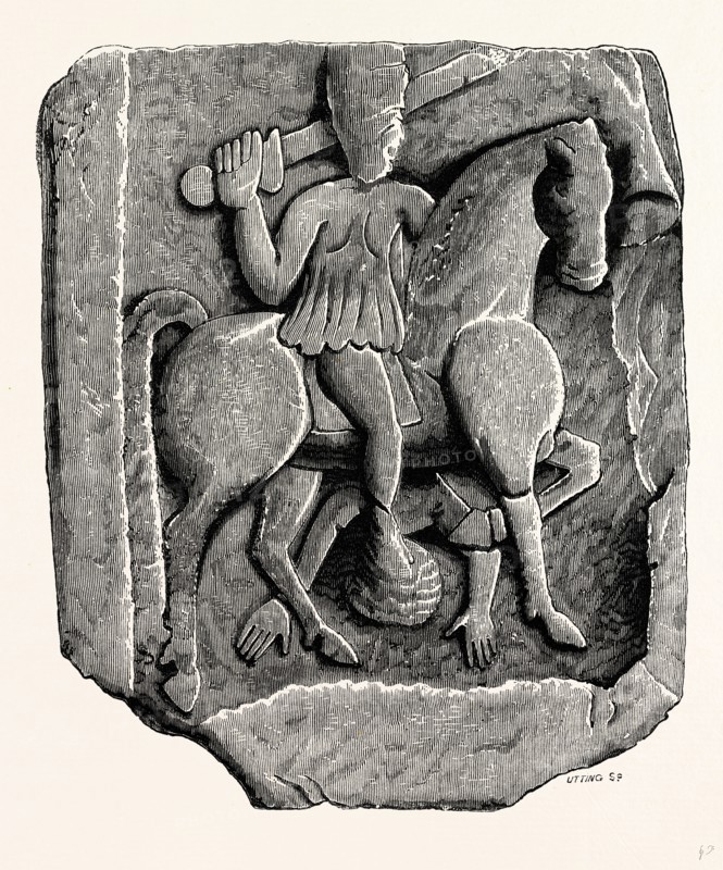 Roman Sculptured Stone from Kirkby Thore, UK, England, engraving 1870s, Britain