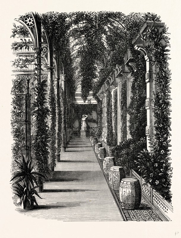 In the Winter Garden. Statue, Hautmann, Somerleyton, UK, England, engraving 1870s, Britain