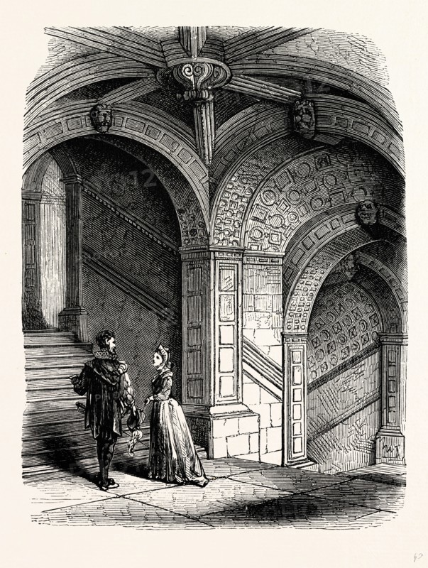 The Ancient Stone Staircase, Burleigh House, UK, England, engraving 1870s, Britain
