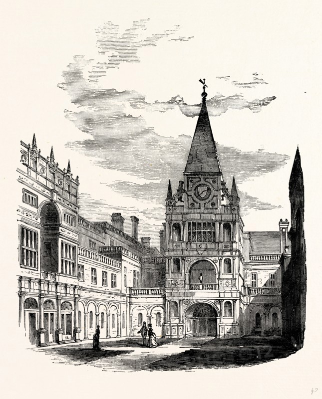 The Quadrangle, looking West, Burleigh House, UK, England, engraving 1870s, Britain