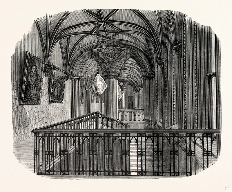 The Grand Corridor, or Ball room, Belvoir Castle, UK, England, engraving 1870s, Britain