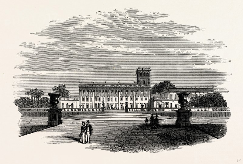 The South Front, from the Italian Gardens, Trentham, UK, England, engraving 1870s, Britain
