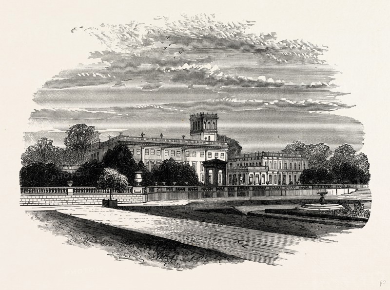 The South Front, with Grecian Tempe, Trentham, UK, England, engraving 1870s, Britain