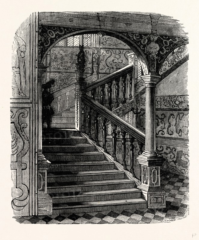 The Staircase, Knole House, Sevenoaks, UK, England, engraving 1870s, Britain