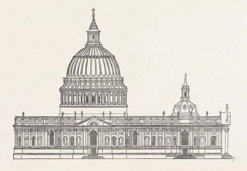 Sir Christopher Wren's first Design St. Paul's, London, England, engraving 19th century, Britain, UK