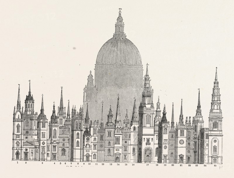 Parallel principal Towers Steeples built Sir Christopher Wren, London, England, engraving 19th century, Britain, UK