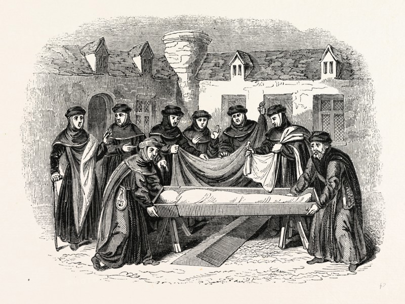 Burial deceased Monk interior Convent. an ancient drawing, London, England, engraving 19th century, Britain, UK