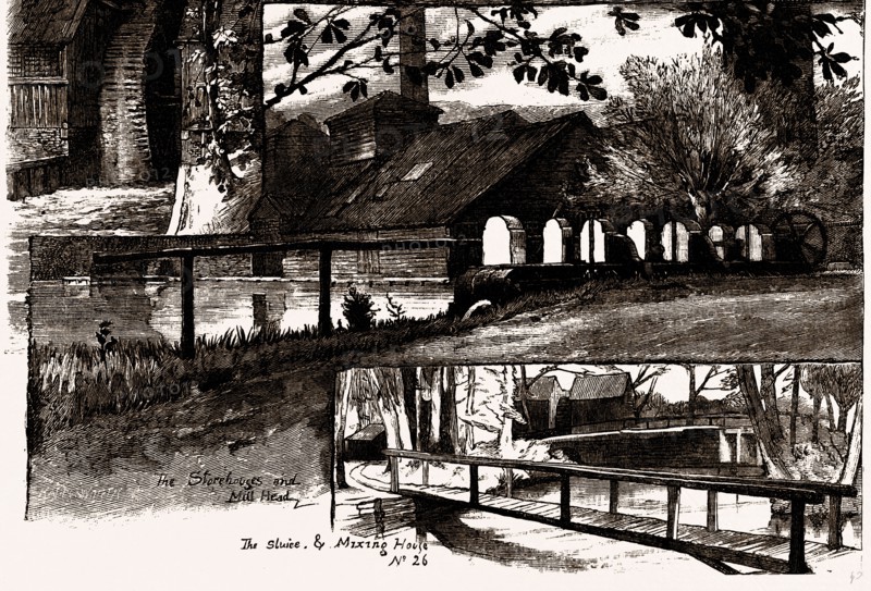 THE POWDER-MILLS, HOUNSLOW, UK, engraving 1881 - 1884