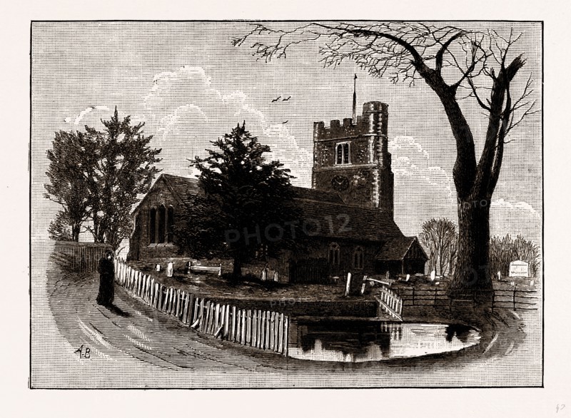 BUSHEY CHURCH, UK, engraving 1881 - 1884