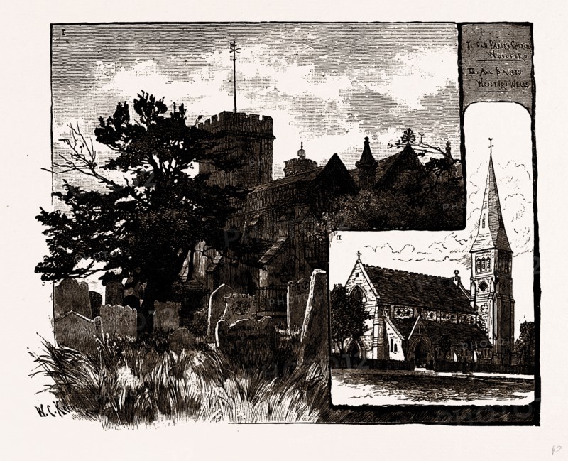 CHURCHES AT WOODFORD, UK, engraving 1881 - 1884