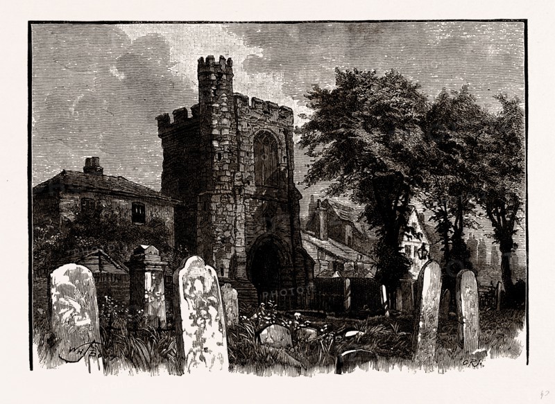 ANCIENT BELL TOWER, BARKING ABBEY, UK, engraving 1881 - 1884