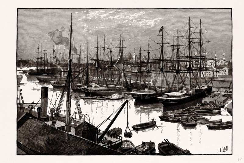 West India Docks, UK, Isles of Dogs, London, engraving 1881 - 1884
