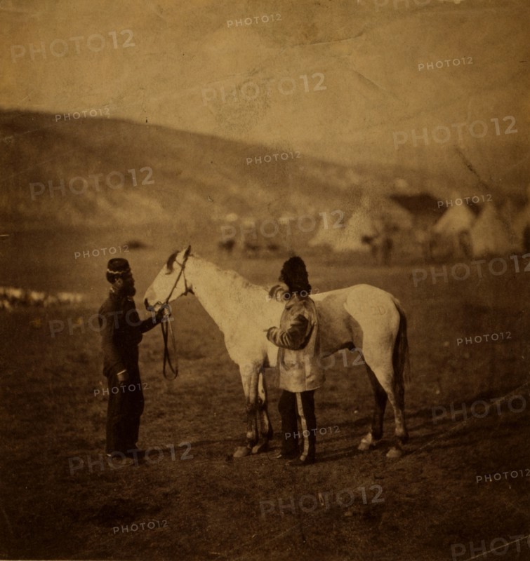 Colonel Clarke, Scots' Greys, with the horse wounded at Balaklava, Crimean War, 1853-1856, Roger Fenton historic war campaign photo