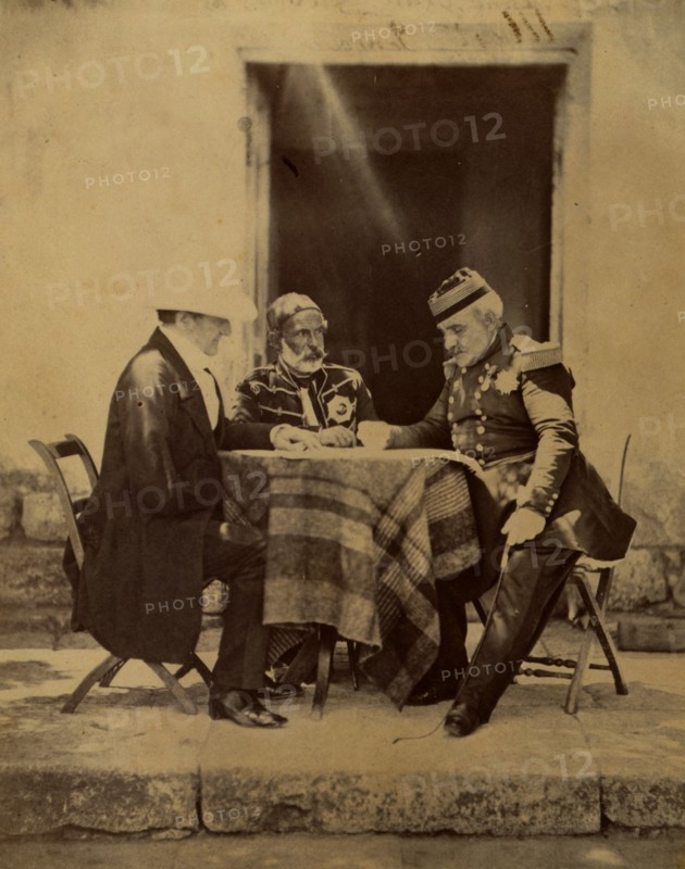 Council of War held at Lord Raglan's Head Quarters, the morning of the successful attack on the Mamelon portraits of Lord Raglan, MarÃƒÂ©chal PÃƒÂ©lissier, & Omar Pacha., Crimean War, 1853-1856, Roger Fenton historic war campaign photo