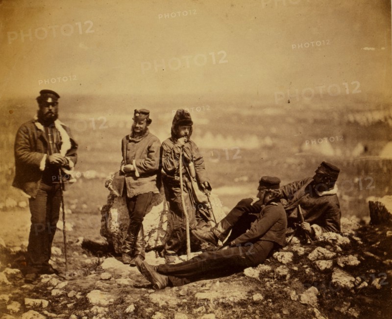 Officers of the 89th Regiment at Cathcart's Hill, in winter dress, Captain Skynner, Lieutenant Knatchbull, Captain Conyers, Lieutenant Longfield, Captain Hawley, Crimean War, 1853-1856, Roger Fenton historic war campaign photo