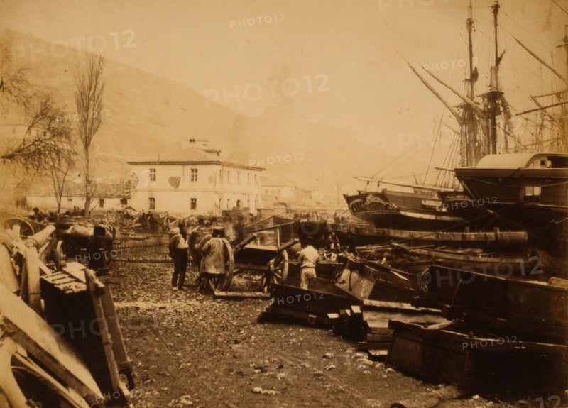 Landing place, Ordnance Wharf, Balaklava, Genoese Castle, Crimean War, 1853-1856, Roger Fenton historic war campaign photo