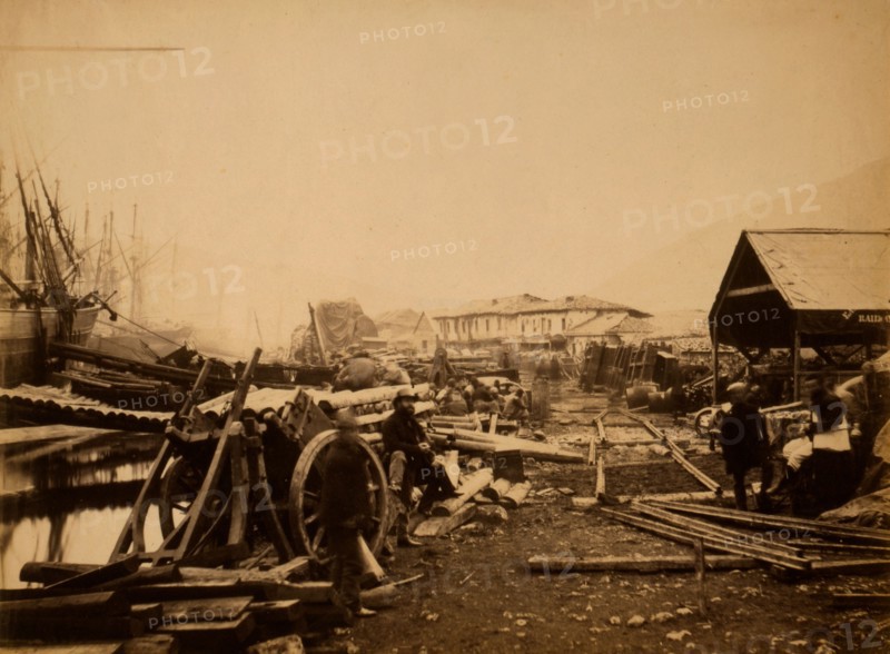 Landing place, railway stores, Balaklava, looking up the harbour, Crimean War, 1853-1856, Roger Fenton historic war campaign photo