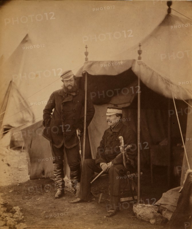 Lieutenant General Sir John Campbell & Captain Hume, his aide-de-camp, the general sitting, Crimean War, 1853-1856, Roger Fenton historic war campaign photo