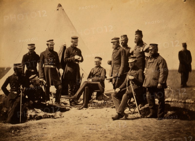 Lieutenant General Pennefather, & Captain Wing, Captain Layard, Captain Ellison, Colonel Wilbraham, Colonel Percy Herbert, Major Thackwell & Dr. Wood, officers of his staff, Crimean War, 1853-1856, Roger Fenton historic war campaign photo