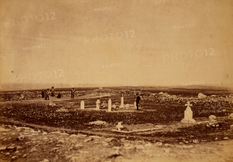The cemetery Cathcart's Hill - the Picquet House, Victoria Redoubt and the Redoubt des Anglais in the distance, Crimean War, 1853-1856, Roger Fenton historic war campaign photo